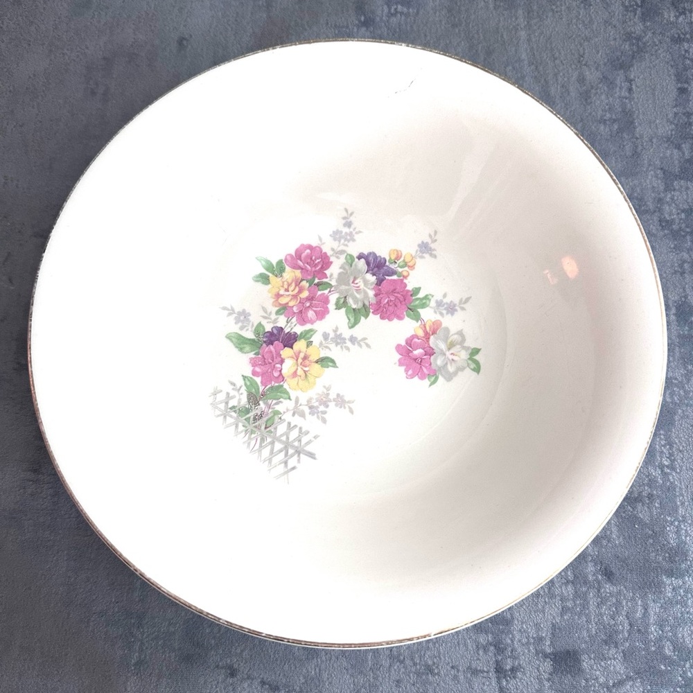 Vintage White Floral Ceramic Serving Bowl with Silver Trim Signed
